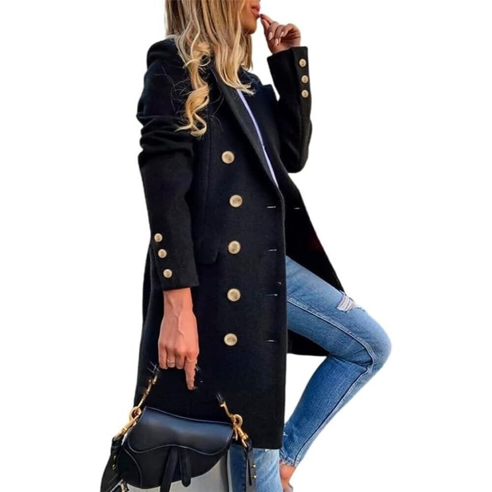 🆕Womens Black Fall Winter Wool Coats Double Breasted Midi Peacoat Trench Coats